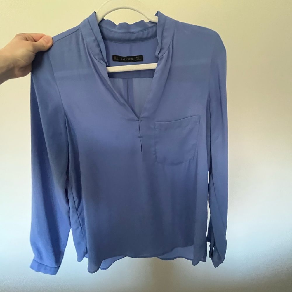 Zara Light Periwinkle V-Neck Long Sleeve Blouse